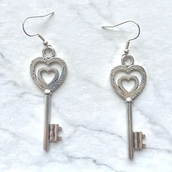 Silver Antique Skeleton Key with Heart Earrings - Picture 1 of 5